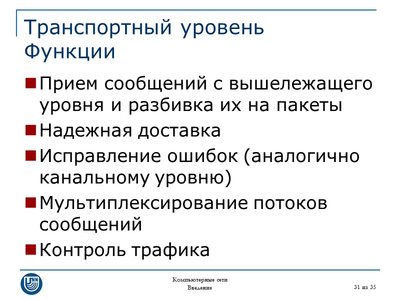 Компьютерные сети Введение 31 из 35 Транспортный уровень Функции Прием сообщений с вышележащего уровня